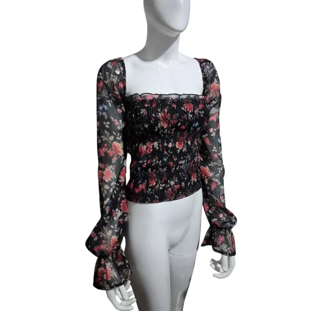 Mi Ami Smocked whimsical Fairycore Womens size Large Romantic Sheer Metallic Top - Picture 8 of 13